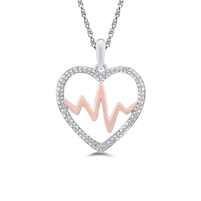 Sterling Silver 10K Rose Gold 0.09CTW Heartbeat Pendant