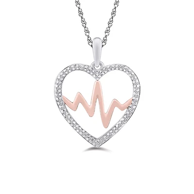 Sterling Silver 10K Rose Gold 0.09CTW Heartbeat Pendant