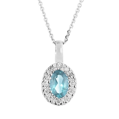 10K White Gold 0.05Ctw Diamond And Blue Topaz Halo Pendant