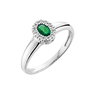 10K White Gold Emerald and Diamond Halo Ring