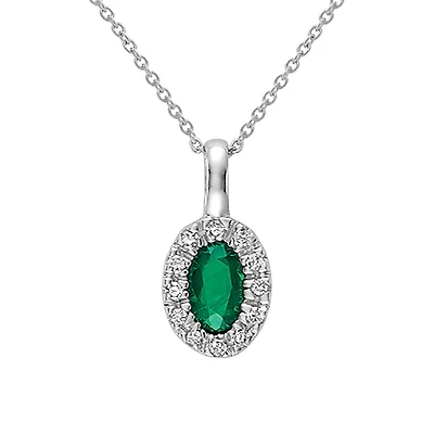 10K White Gold Emerald And Diamond Halo Pendant