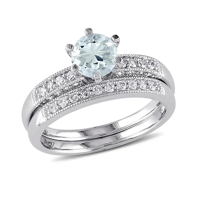 Julianna B 10K White Gold 0.33CTW Diamond & Aquamarine Bridal Set