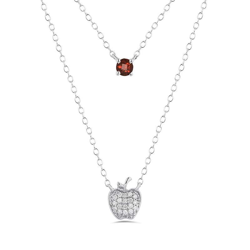 Enchanted Disney Sterling Silver 0.09CTW Apple Diamond & Garnet Necklace