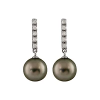 14K White Gold 9mm Round Tahitian Pearl & Diamond Earrings