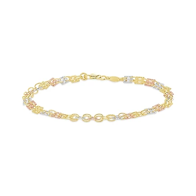 10K Yellow White and Rose Gold 7.5" Diamond Cut Square Link Bracelet