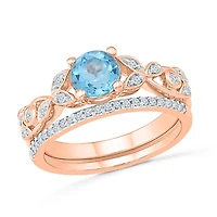 10K Rose Gold 0.15CT Diamond & Blue Topaz Bridal Set