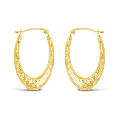 10K Yellow and White Gold Diamond Cut Oval Creole Hoops
