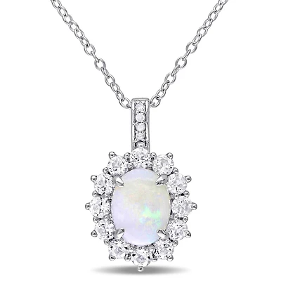 Julianna B Sterling Silver Opal White Topaz & Diamond Halo Pendant with Chain