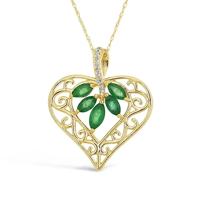 10K Yellow Gold Emerald & Diamond Heart Pendant