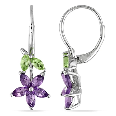Julianna B Sterling Silver Amethyst & Peridot Floral Leverback Earrings