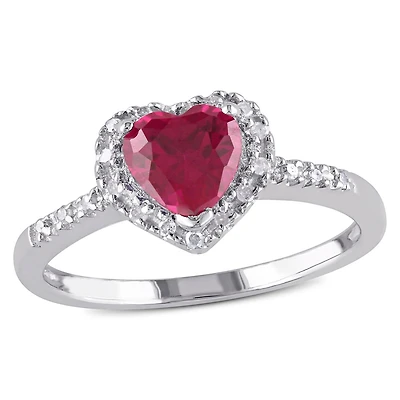 Julianna B Sterling Silver Created Ruby & 0.10Ct Diamond Heart Halo Ring