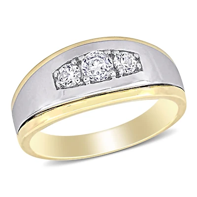 10K White & Yellow Gold Created Sapphire 3-Stone Men's Ring