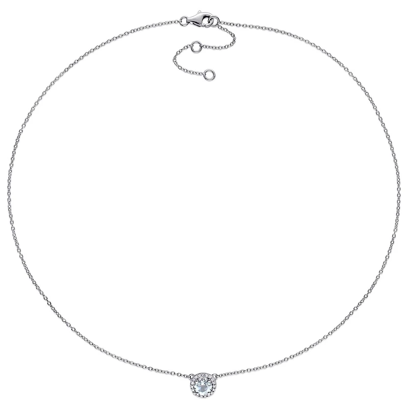 Julianna B Sterling Silver 0.10CTW Diamond and Aquamarine Halo Necklace