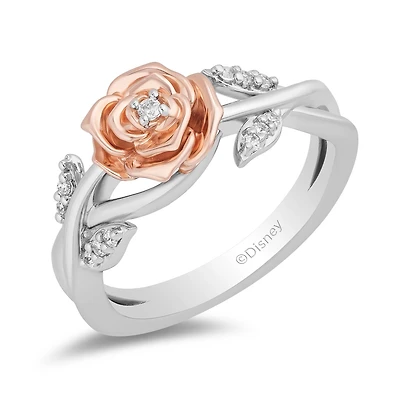 Enchanted Disney Sterling Silver & 10K Rose Gold Belle Rose 0.08Ctw Ring