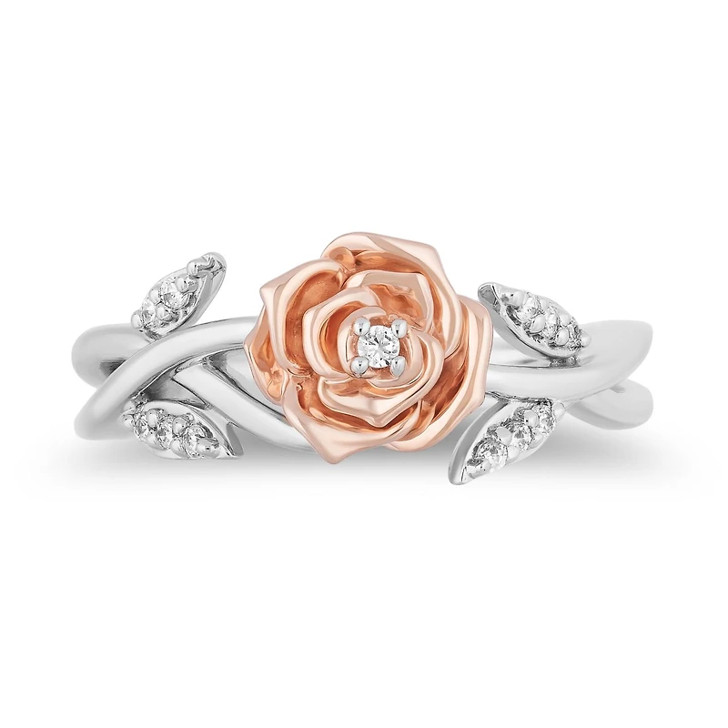 Enchanted Disney Sterling Silver & 10K Rose Gold Belle Rose 0.08Ctw Ring