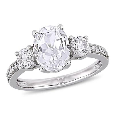 Julianna B 10K White Gold Created White Sapphire and 0.07CTW Diamond Ring