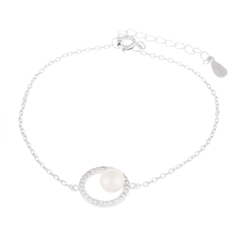 Sterling Silver 6-6.5mm Pearl Halo Bracelet