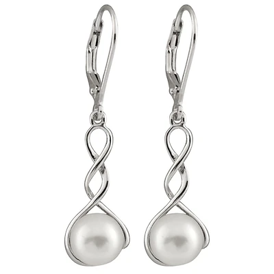 Sterling Silver 7.5-8mm Dangling Leverback Pearl Earrings