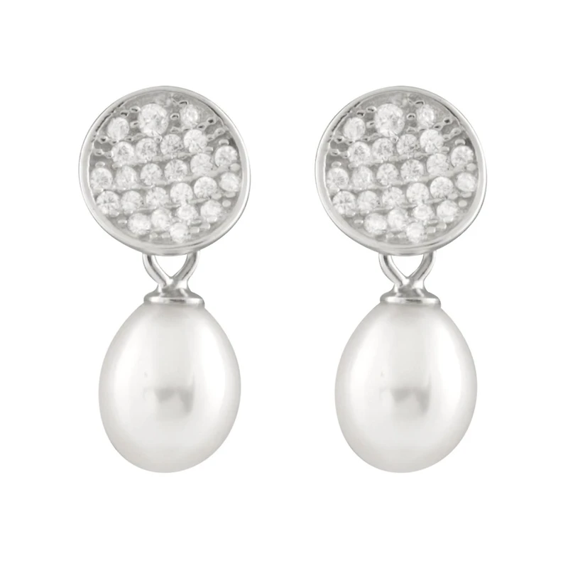 Sterling Silver 7.5-8mm White Freshwater Pearl Cubic Zirconia Earrings