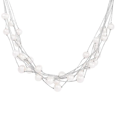 Sterling Silver 7-8mm Multirow Threaded White Pearl Necklace