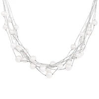 Sterling Silver 7-8mm Multirow Threaded White Pearl Necklace