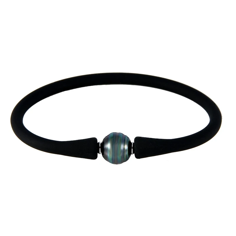 Black Silicone Tahitian Pearl 8" Bracelet