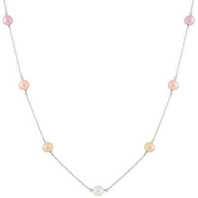 Sterling Silver 5 Stationed 7-8mm Pearl Necklace