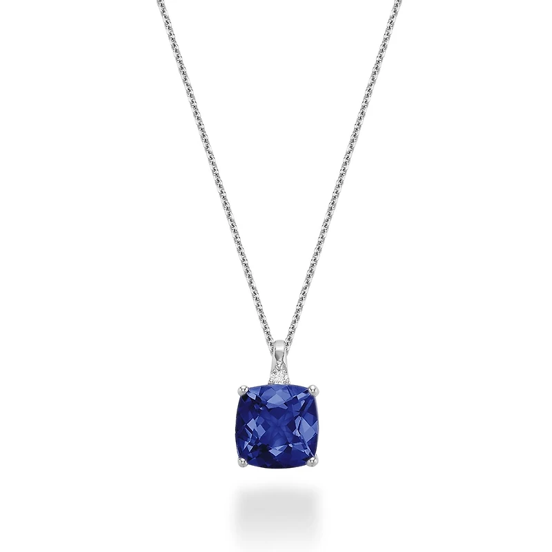 10K White Gold Created Blue Sapphire & Diamond Pendant