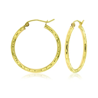 10K Yellow Gold 2x20mm Diamond Cut Hoop Earrings