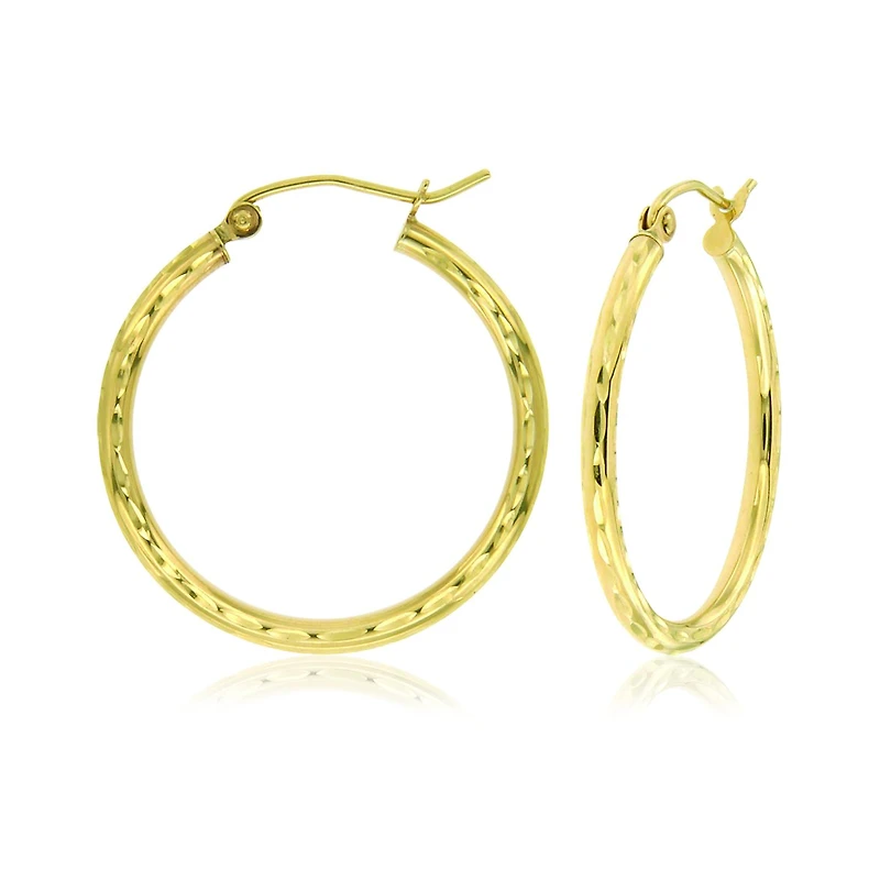 10K Yellow Gold 2x20mm Diamond Cut Hoop Earrings