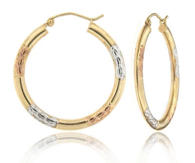 10K Tri-Colour Gold Diamond Cut Tube Hoop Earrings