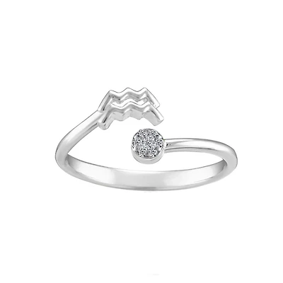 Sterling Silver Diamond Aquarius Zodiac Ring - Size 8