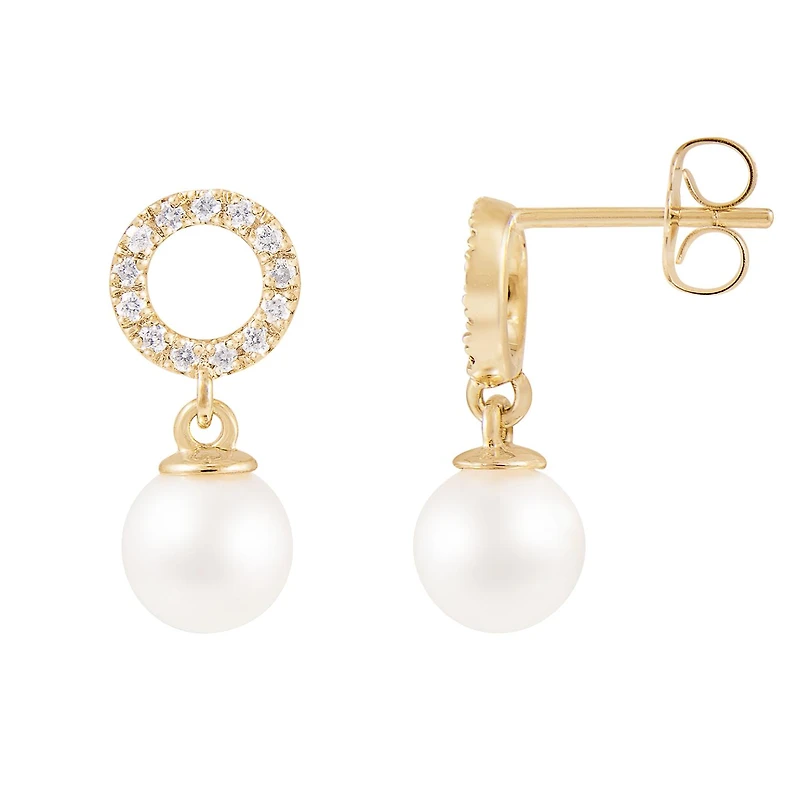 14K Yellow Gold 6.5-7mm Akoya Pearls and 0.20ctw Diamond Earrings