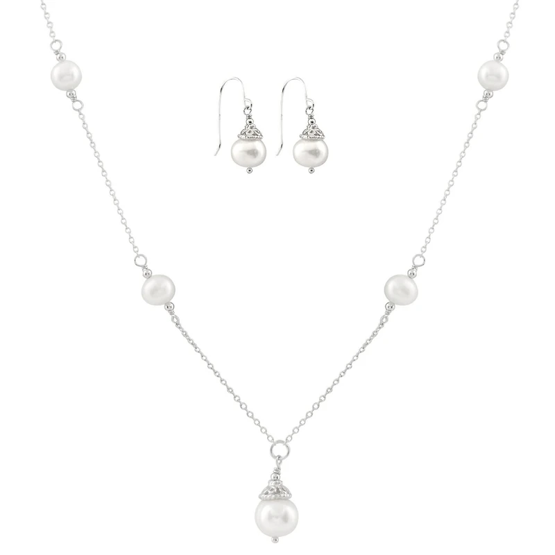 Sterling Silver White Freshwater Pearl 18" Necklace and Earrings Set