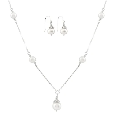Sterling Silver White Freshwater Pearl 18" Necklace and Earrings Set