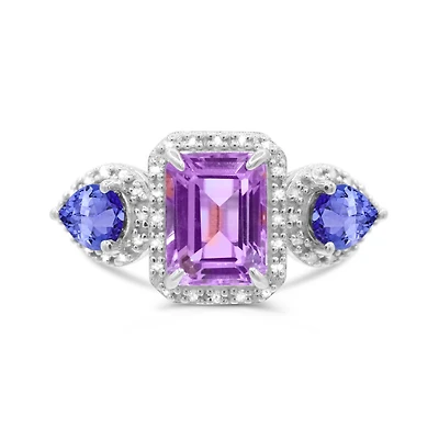 Sterling Silver Amethyst, Tanzanite & Diamond Ring
