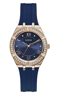 Guess Women's Rose Gold-Tone Crystal with Blue Silicone Strap Watch