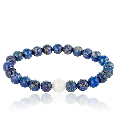 Lapis Beaded Elastic White Freshwater Pearl 8" Bracelet