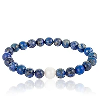 Lapis Beaded Elastic White Freshwater Pearl 8" Bracelet