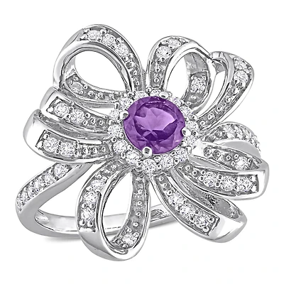 Julianna B Sterling Silver African Amethyst & White Topaz Flower Cocktail Ring