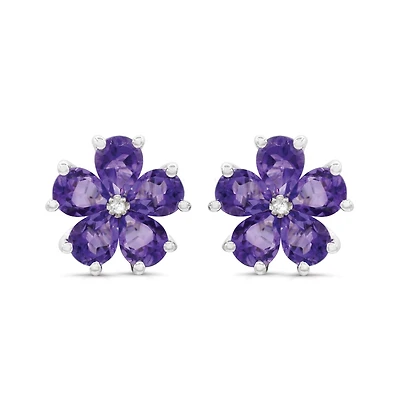 Sterling Silver Amethyst and Diamond Flower Earrings