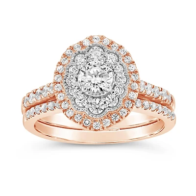 10K Rose Gold 1.00CTW Diamond Oval Shaped Bridal Set