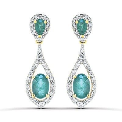 10K Yellow Gold Emerald and Diamond Dangle Earrings