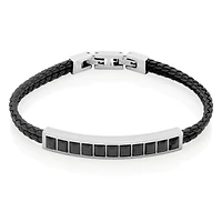 SteelX Stainless Steel 8.25+0.5" Black Cubic Zirconia Leather Bracelet