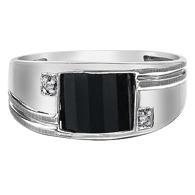10K White Gold Barrel Cut Onyx & Diamond Men's Ring