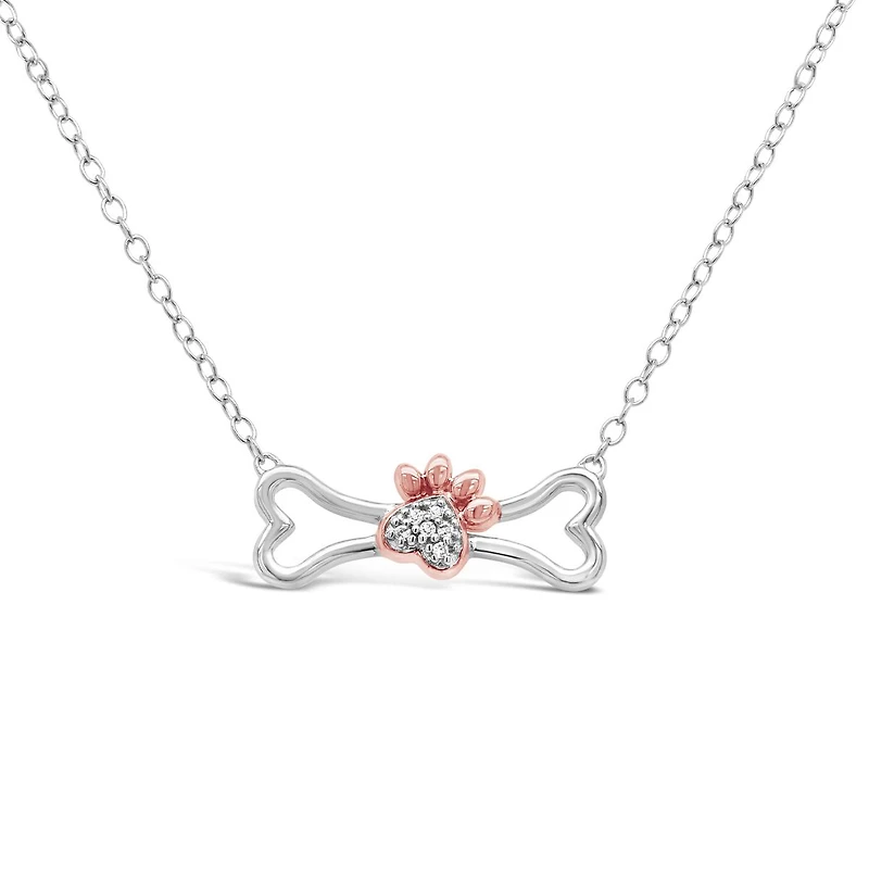 Sterling Silver And Rose Gold Plated Diamond Paw & Bone Pendant