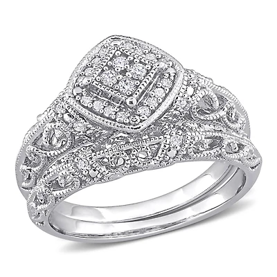 Julianna B Sterling Silver 0.19CTW Vintage Design Diamond Bridal Set