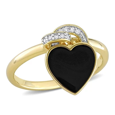 Julianna B Sterling Silver Yellow Plated Diamond and Black Enamel Heart Ring
