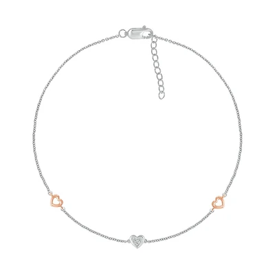 Bella Moda Sterling Silver & 10K Rose Gold Diamond Triple Heart Anklet