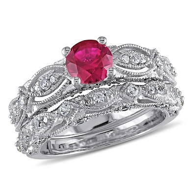 Julianna B 10K White Gold Created Ruby Created White Sapphire Diamond Bridal Set